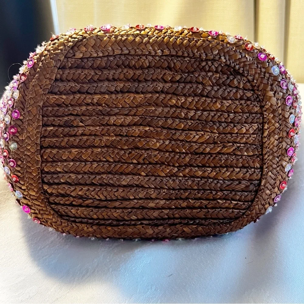 Victoria Secret sequined basket bag with wooden handles. Vintage